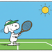 Cartoon dog character holding a tennis racket on a tennis court with a sun in the background