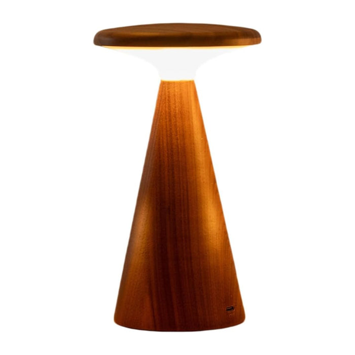 Wooden lamp with a cone-shaped design on a white background