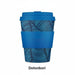 Blue reusable coffee cup with patterned design on a white background