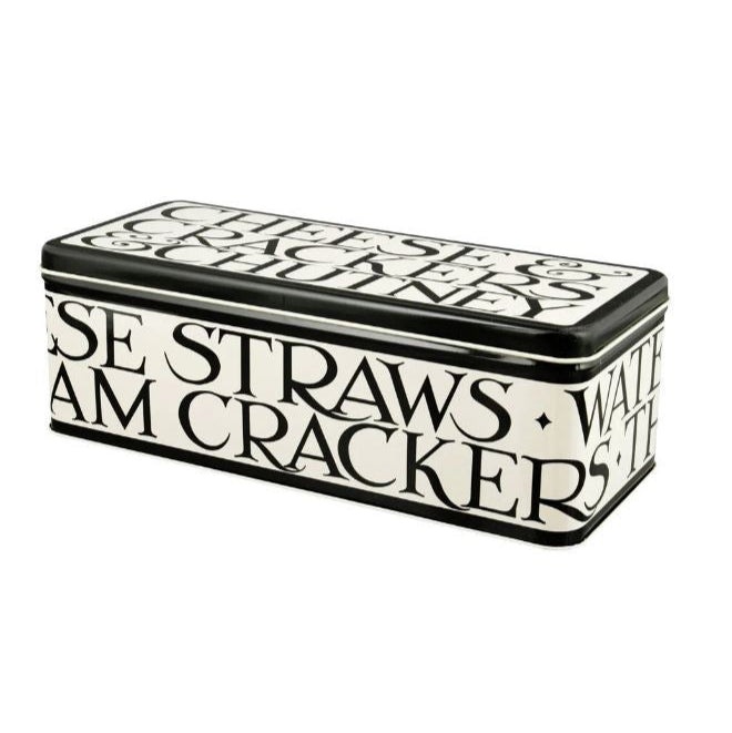 Rectangular tin with text design on a white background