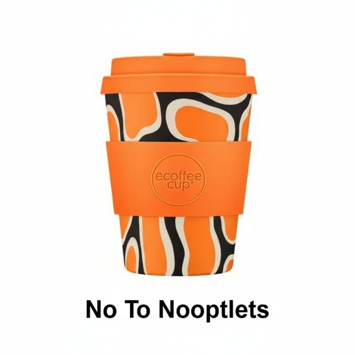 Orange reusable coffee cup with black and white pattern on a white background