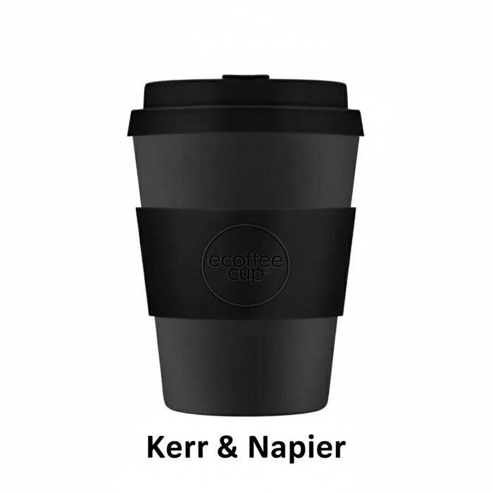 Black reusable coffee cup with a visible brand logo on a white background