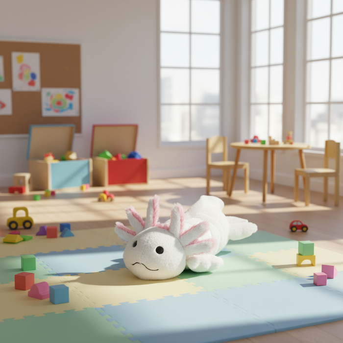 Children's playroom with colorful toys and a plush unicorn on a mat