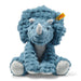 Blue plush dinosaur toy with white feet on a white background