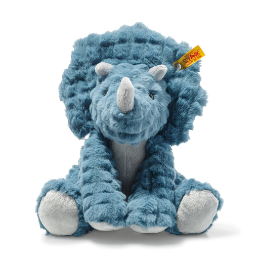 Blue plush triceratops toy with a visible brand tag on a white background