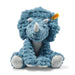 Blue plush triceratops toy with a visible brand tag on a white background