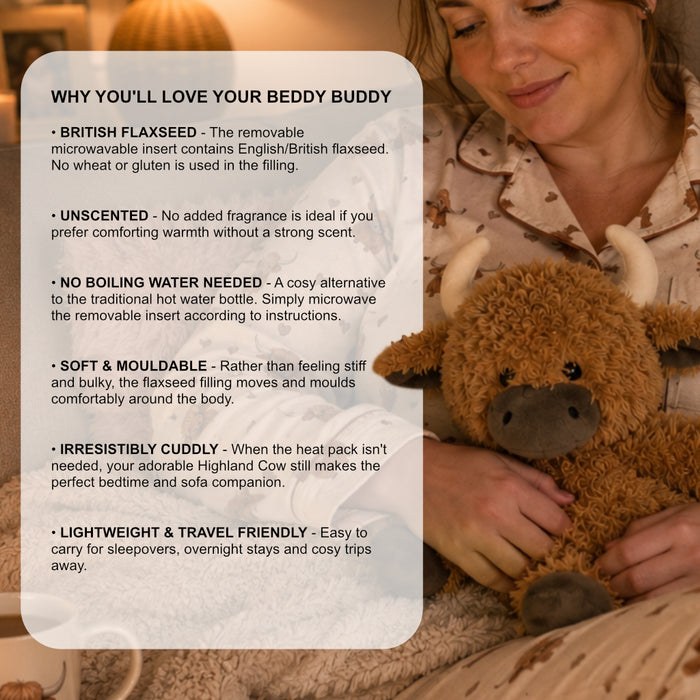 Beddy Buddies Highland Cow Microwaveable Flaxseed Heat Pack Soft Toy