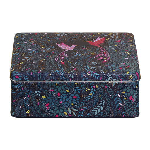 Decorative tin with two colourful pink birds and green, pink and gold leaf pattern decorated all over the tin on a white background