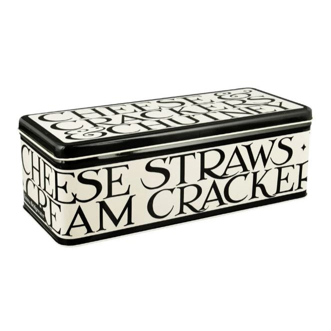 Rectangular tin box with text design on a white background