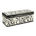 Rectangular tin box with text design on a white background