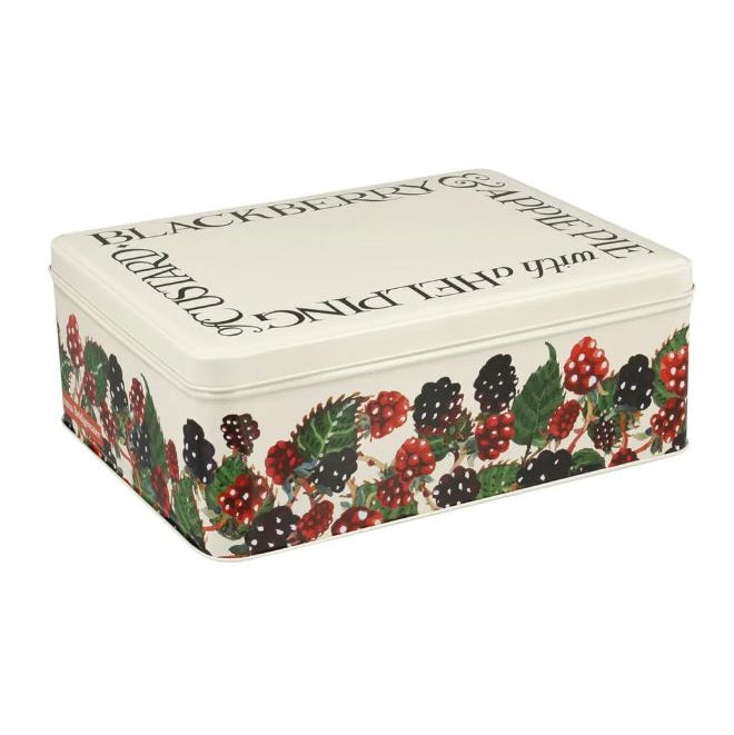 Rectangular tin box with blackberry design and text on a white background