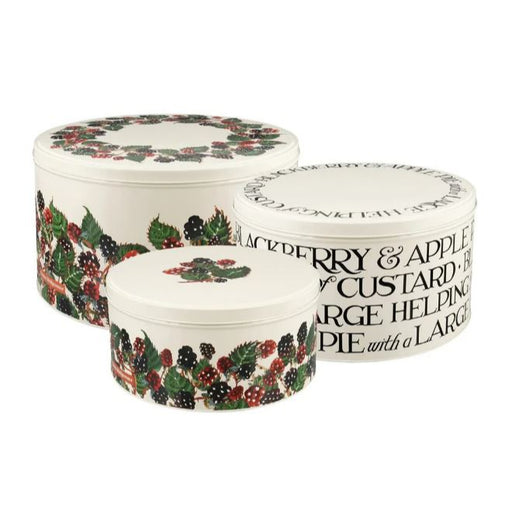 Set of three decorative tins with blackberry fruits design on lids