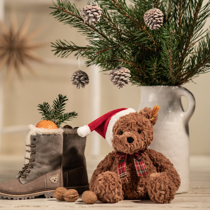 Brown teddy bear wearing a Santa hat with Christmas decorations including pine branches and pinecones.