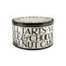 Decorative tin with text on a white background