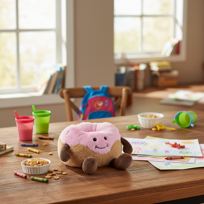 Plush donut toy on a wooden table with snacks and cups in a classroom setting