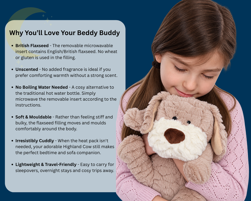 Beddy Buddies Beige Dog Microwaveable Flaxseed Heat Pack Soft Toy
