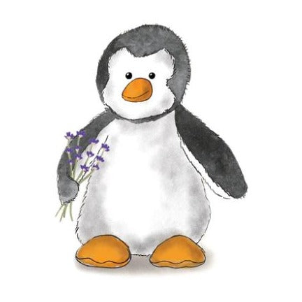 A water colour sketch of the penguin holding fresh cut lavender  