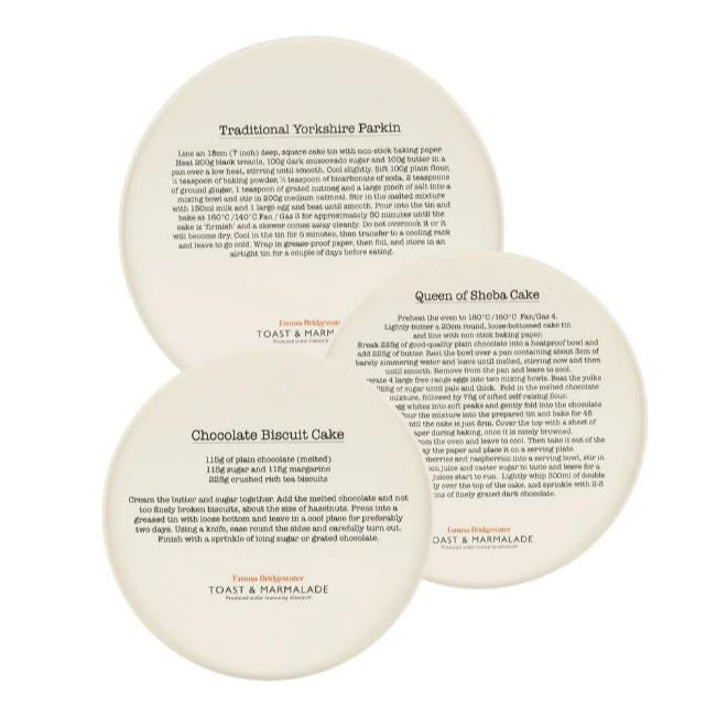 Three circular signs with text about different types of cakes on a white background