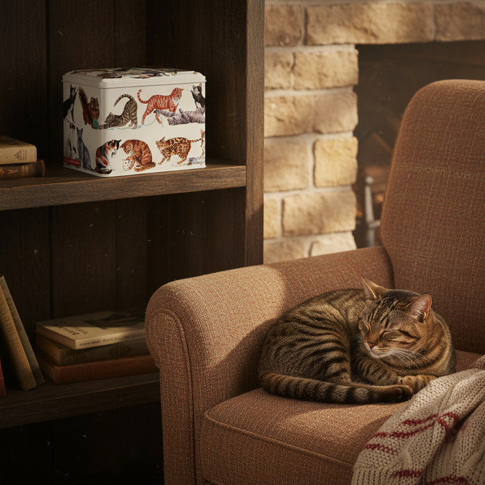 Cat sleeping on a brown armchair with a fireplace and bookshelf in the background