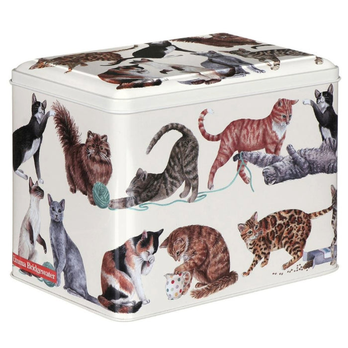 Rectangular tin box with cat illustrations on a white background