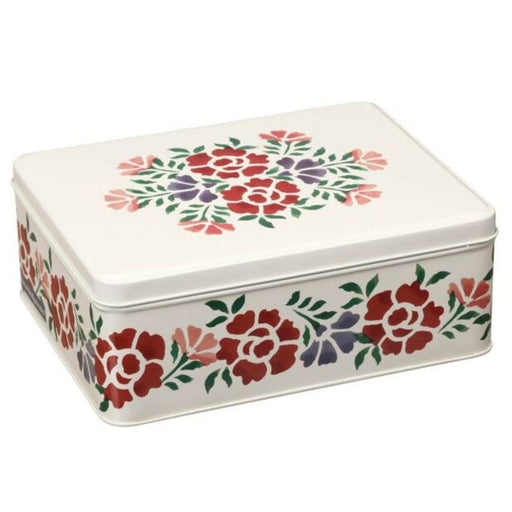 Rectangular tin box with floral design on a white background