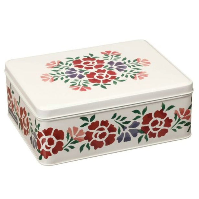 Rectangular tin box with floral design on a white background