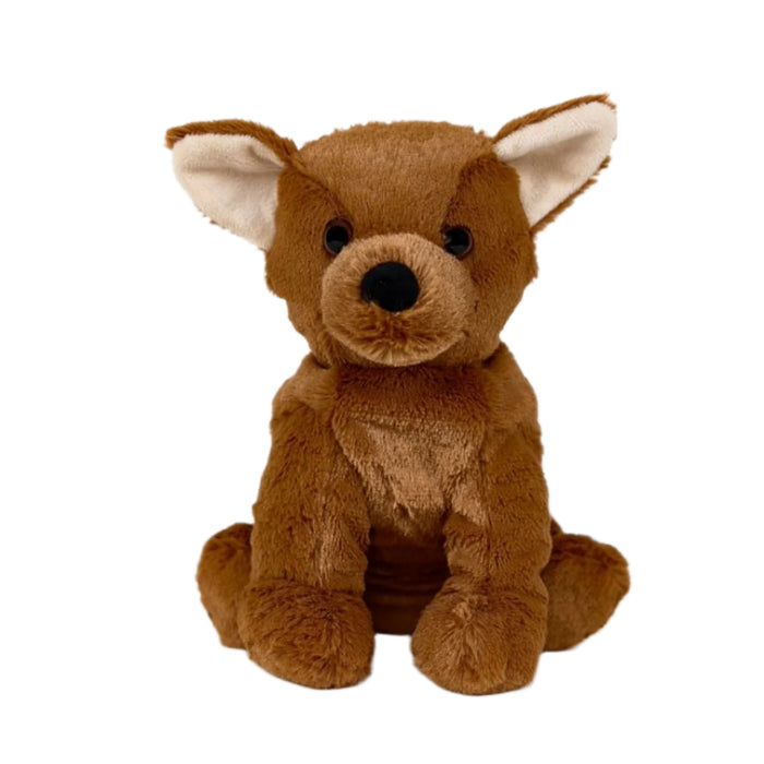 Brown plush fox toy on a white background