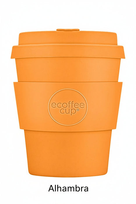 Orange reusable coffee cup with 'ecoffee cup' logo on a white background