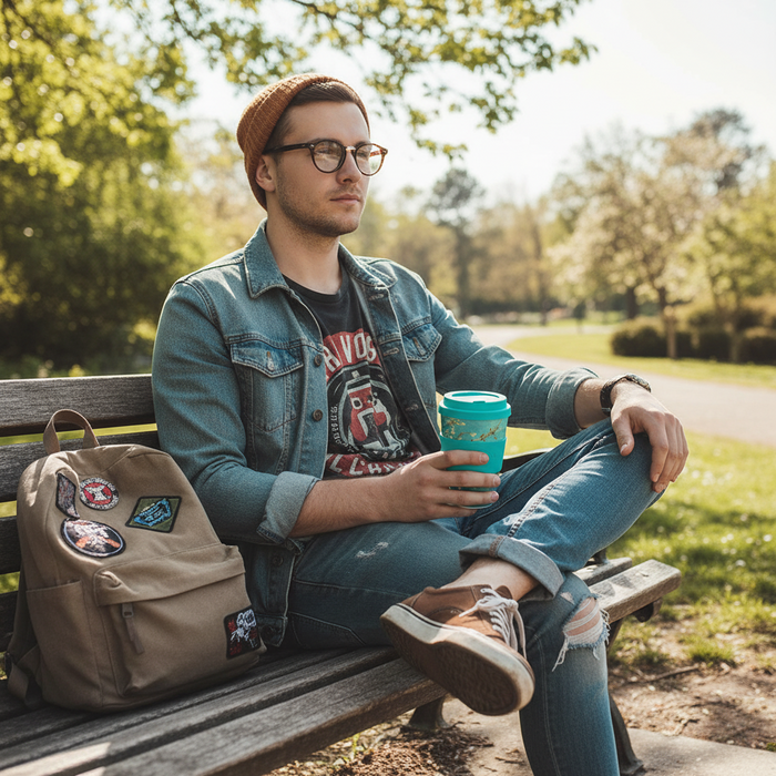 Man sitting on a bench in a park holding a cup, with a backpack next to him
