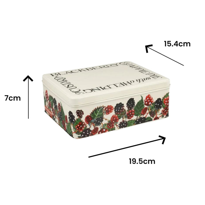 Rectangular tin box with berry design and dimensions labeled on a white background