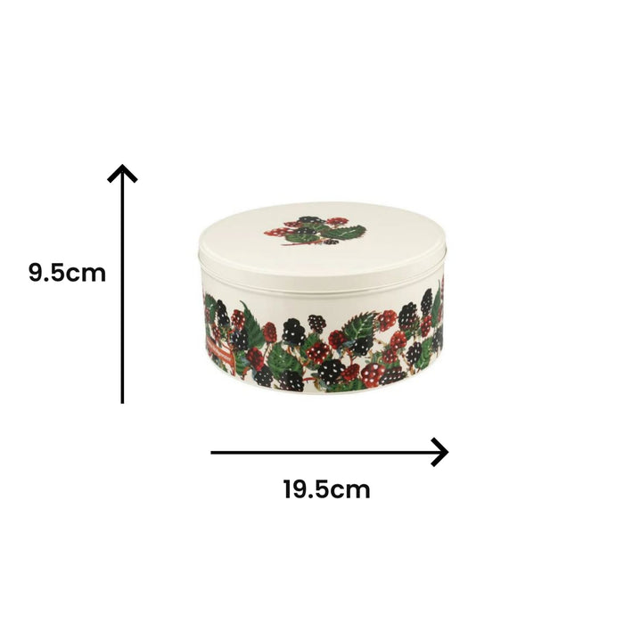 Round decorative box with floral pattern and measurements on a white background