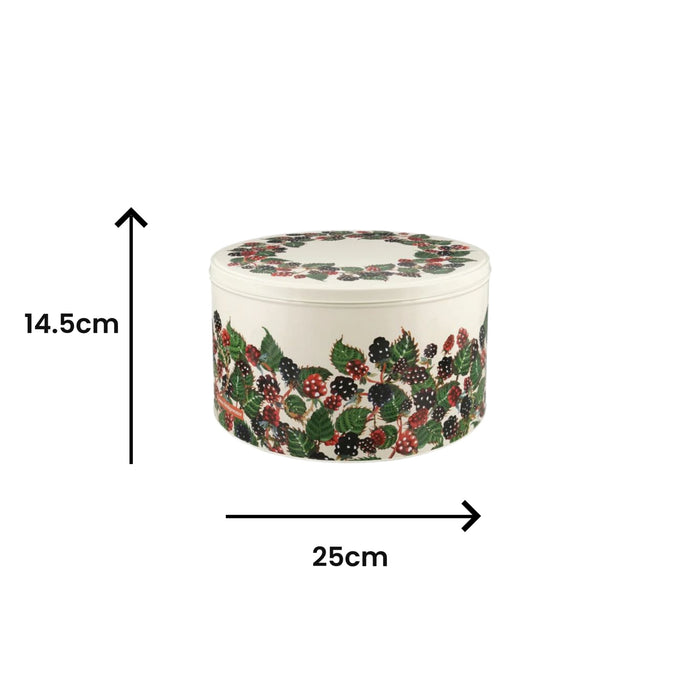 Decorative round container with berry design and measurements on a white background