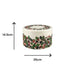 Decorative round container with berry design and measurements on a white background
