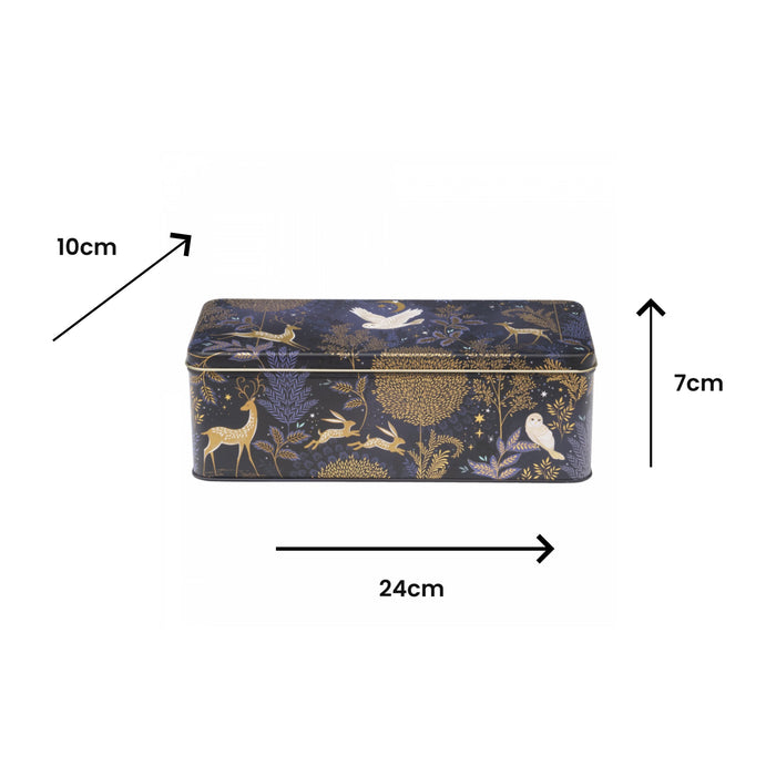 Navy blue tin box with gold animal illustrations and measurements on a white background