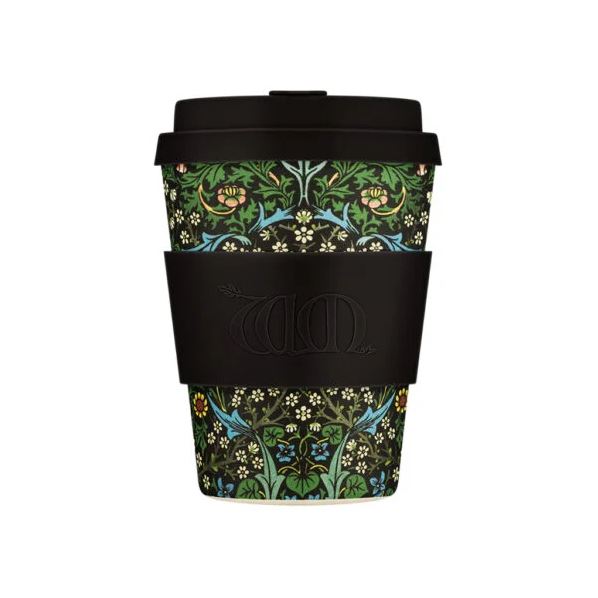 Reusable coffee cup with floral pattern and black lid on a white background