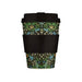 Reusable coffee cup with floral pattern and black lid on a white background