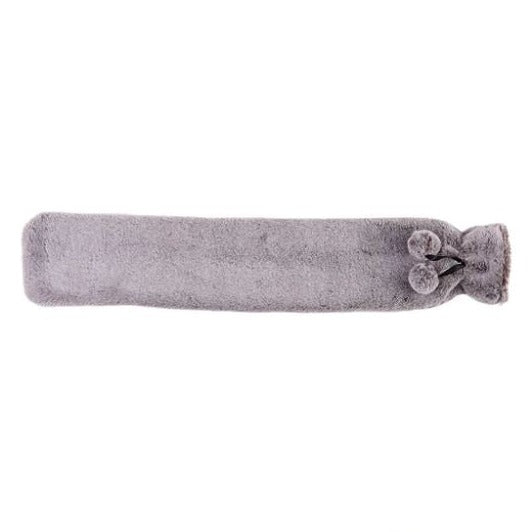 Grey coloured hot water bottle with two matching pompoms attached 