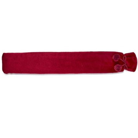 Cranberry coloured hot water bottle with 2 matching pompoms attached 