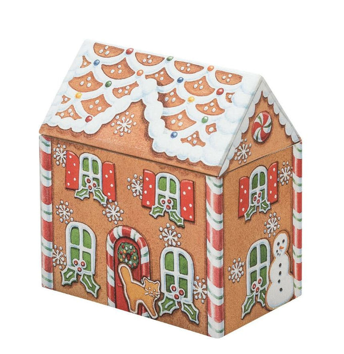 Gingerbread house-shaped box with festive design on a white background