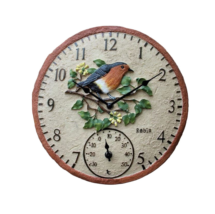 Decorative clock with a robin design on a white background