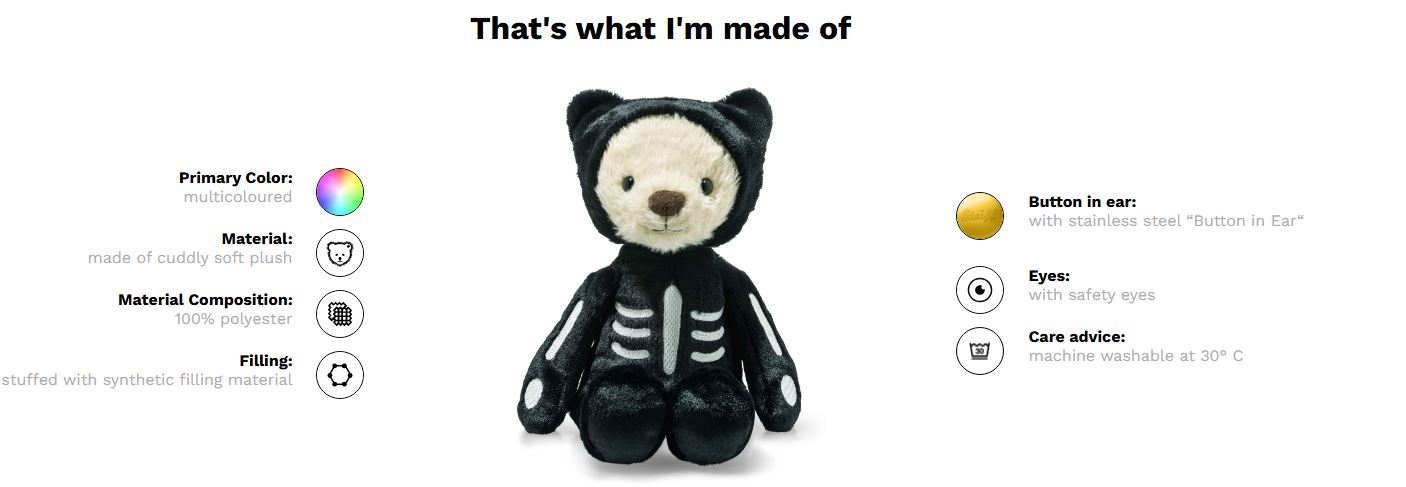 Stuffed toy in a skeleton costume with material and care information displayed.