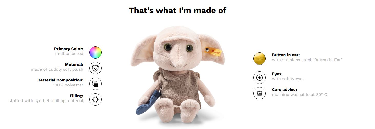 Stuffed animal with material and care information displayed on a white background
