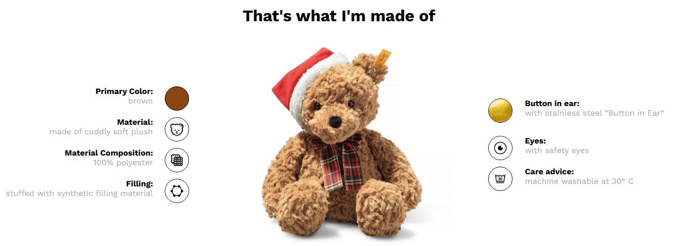 Teddy bear with a Santa hat and plaid scarf, showing material composition details on a white background.