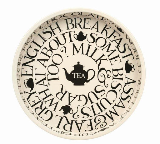 Decorative plate with tea-themed text and teapot illustrations on a white background