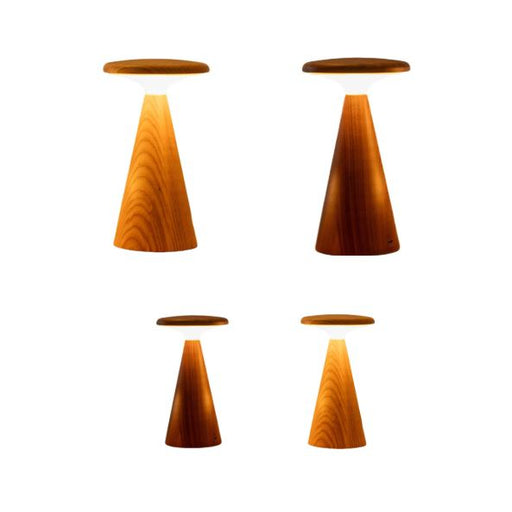 Set of four wooden lights with a warm glow on a white background