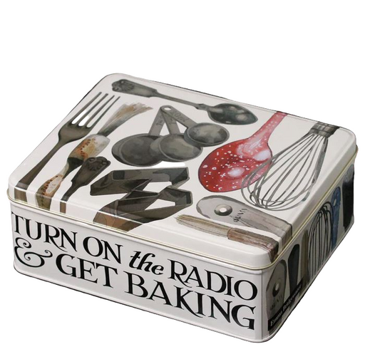 Tin box with kitchen utensil illustrations and text 'Turn on the Radio & Get Baking' on a white background