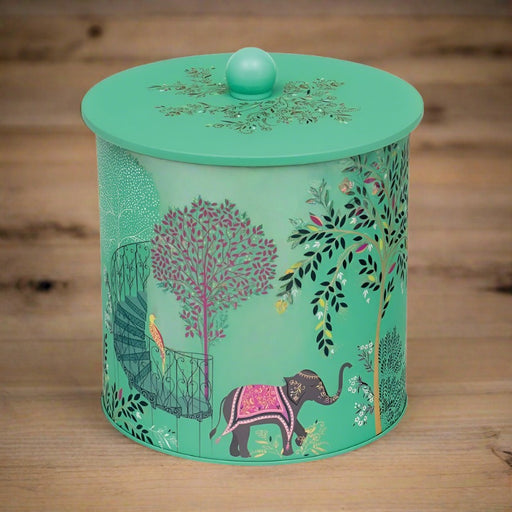 Sara Miller India Biscuit Tin With Ornate Detail Inspired By India. Tin Show An Indian Elephant With Floral Detail & Trees.