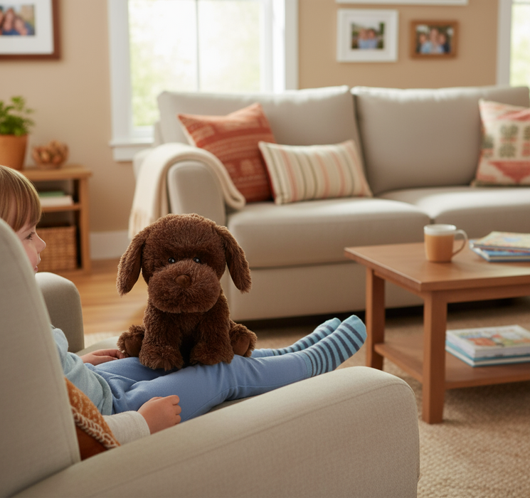 Brown plush dog toy on a white background