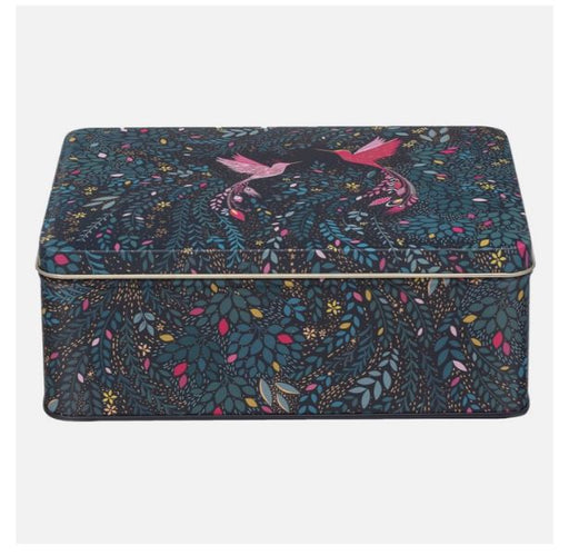 Sara Miller London Metal Storage Box In Dark Blue With Small Floral Design And Two Pink Hummingbirds On The Lid
