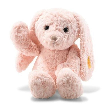 Light pink plush Bunny rabbit with a light brown nose and a Steiff tag attached to the ear